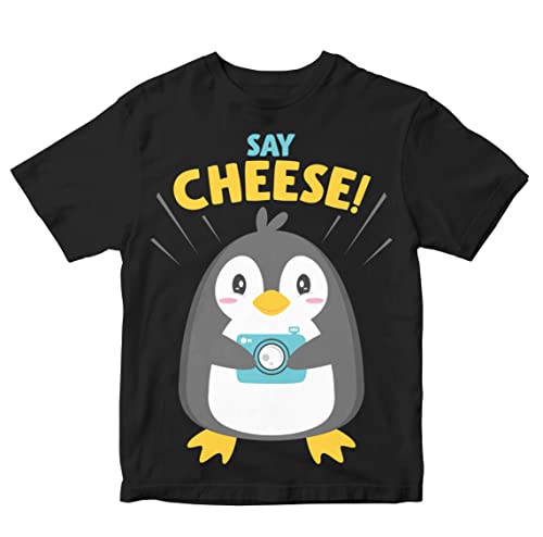 Image of Kids T-Shirt Say Cheese Penguin with Camera 100% Cotton Boy's Girl's Regular Fit Unisex T-Shirt