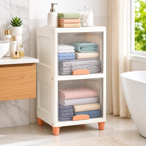 Image of HoopVool Foldable Storage Cabinet, Stackable Plastic Storage Box with Front Opening Door, Dustproof Organizer for Clothes, Toys, Books, Bathroom & Bedroom (2-Tier (33 X 38 X 58 CM))