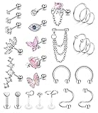 YADOCA 27Pcs 16G Cartilage Earrings For Women Men Tragus Piercing Jewelry Stainless Steel Conch Stud Hoop Earring Hypoallergenic Cz Butterfly Heart Evil Eye Cartilage Tragus Conch Helix Daith Piercing Jewelry Silver Tone