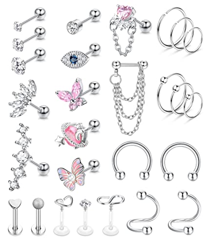 YADOCA 27Pcs 16G Cartilage Earrings For Women Men Tragus Piercing Jewelry Stainless Steel Conch Stud Hoop Earring Hypoallergenic Cz Butterfly Heart Evil Eye Cartilage Tragus Conch Helix Daith Piercing Jewelry Silver Tone