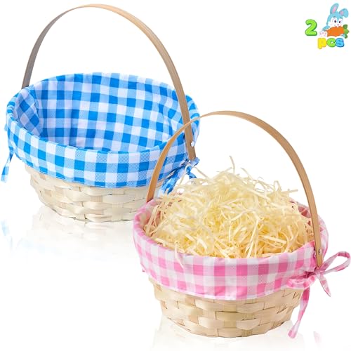 JOYIN 2 Pcs Easter Woven Basket with Liner and Handle for Party Treats Picnic, Empty Gift Goodie Basket for Girls Boys Easter Egg Hunt