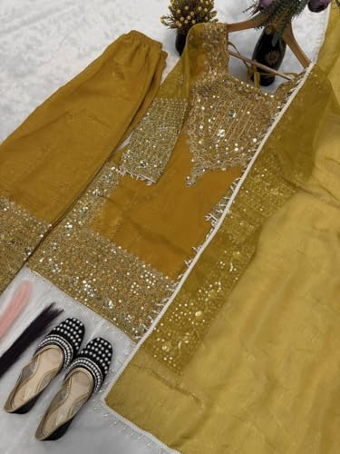 Image of PERFECT CHOICE WOMEN'S Heavy Natural Crep Silk Stitched Ethnic Salwar Kameez - Long Kurti with Embroidered Sleeves, Party & Festival Wear (SF251-ve115 Black1 XXL)