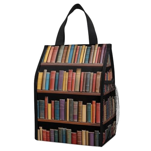 Anceky Fiambrera plegable isotérmica, diseño vintage de estantería de biblioteca, nevera portátil a prueba de fugas con bolsillos laterales para viajes y actividades al aire libre.