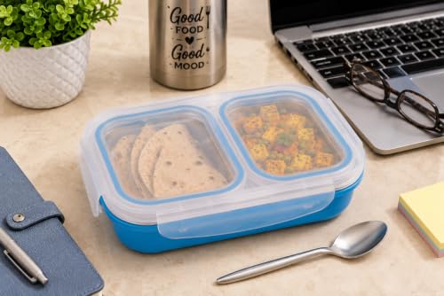 Image of Bento Lunch Box 550ml, Stainless Steel Lunch Box with 2 Compartments & Spoon, Microwave Safe BPA Free Tiffin Box, Leak Resistant Lunch Box for Kids & Adults, Office, School & Travel Blue