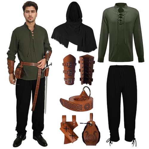 MVFEUIJ Costume médiévale de la Renaissance pour homme, costume de viking, chemise à lacets et pantalon avec accessoires, costume d'Halloween pour cosplay,...