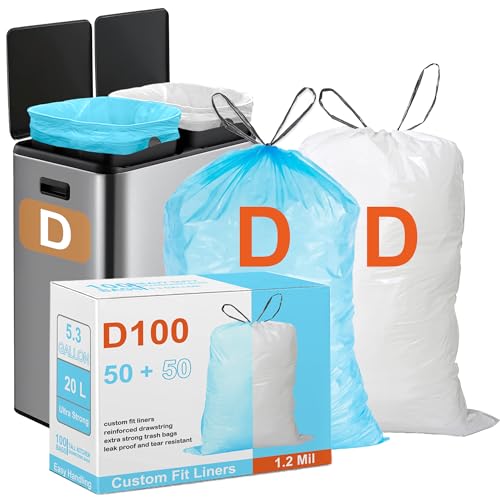 Image of Perfect Fits Code D 100 Count Compatible with simpIehuman Code D Heavy Duty Trash Bags THICK Garbage Can Liners Reinforced Drawstring Trash Bags Blue 50 & White 50 TOTAL 100 Count GRAND SAVE!