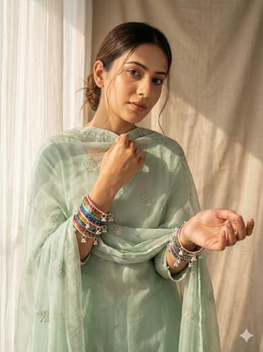 Image of MM Jewls Multicolor Glass Bangles Set Size with Silver Ghungroo Charms | Designer Ethnic Indian Chudi for Women | Party, Festive & Wedding(Pack of 18)