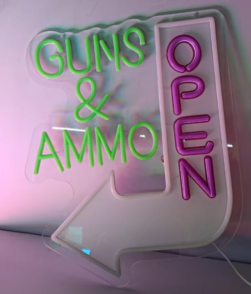 Image of Guns & Ammo Open Neon Signs, Gun Signs Lamp for Gun Store Guns Ammo Store Light 17 X 14 Inches High Definition Jet Graphic Printing Board Handmade LED Neon Tubing Signs
