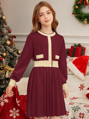 Girls Sweater Dress with Pockets, Crewneck Lantern Sleeve A-Line Striped Knit Warm Fall Winter Dress 5-14Y4