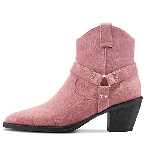 Aachcol Women Ankle Boots Short Bootie Square Toe Low Kitten Chunky Block Heel Western Cowboy Cowgirl Suede Zipper Dress Shoes 2.5 Inch2