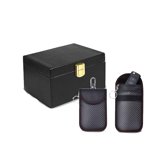 QIAOIDEA Faraday Box with 2 Carbon Fiber Key Pouches – RFID Signal Blocking Box for Car Keys & Phones, Anti-Theft PU Leather Case for Digital Privacy Protection – Key Fob Signal Blocker Set