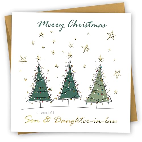 Christmas Card for Son & Daughter-in-Law. Three Trees Design with Gold Foil. Card 150 x 150mm supplied with envelope. Ecofriendly and Made in U.K.