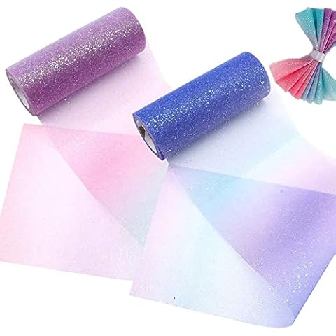 Tüll Dekostoff,2 Rollen von 6 cm x 25 Yards Glitzertüllstoff,Rollen Tüllnetz,Regenbogen Glitter Stoff,Tüllband,Pailletten Tüll Rolls für Rock, Hochzeit, Party, Geschenk, GeburtstagTütü Cover
