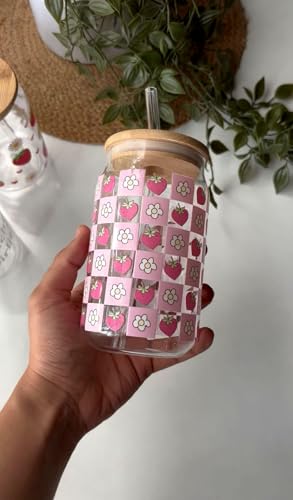 Image of THE UMBRELLA STORE Glass Tumbler Bamboo Lid and Straw, Coffee Tumbler, Reusable Glass (Daisy and Strawberry)