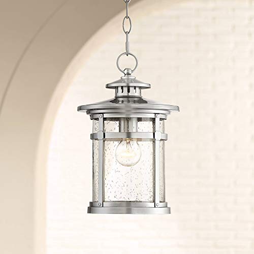 Franklin Iron Works Callaway Modern Industrial Outdoor Hanging Lighting Chrome 13 1/2" Seedy Glass Lantern For Exterior House Porch Patio Outside Deck Garage Front Door Garden Home Roof Gazebo #TOP10