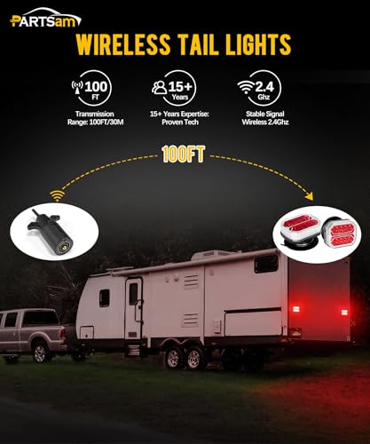Image of Partsam Wireless Trailer Light Kit, Portable Magnetic Tail Lights for Towing, Stop Brake Turn Signal License Plate Tail Lights with Strong Magnets Suction Cup 7-Pin Plug for Trucks Trailers 12-24V