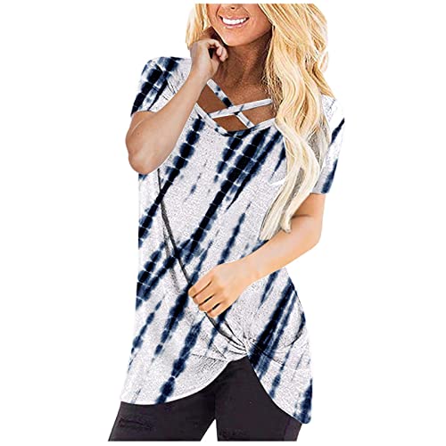Cross Neckline Twist Tops for Women Gradient Tie Dye V Neck Short Sleeve T Shirts Ladies Slim Casual Tunic Blouse Tees