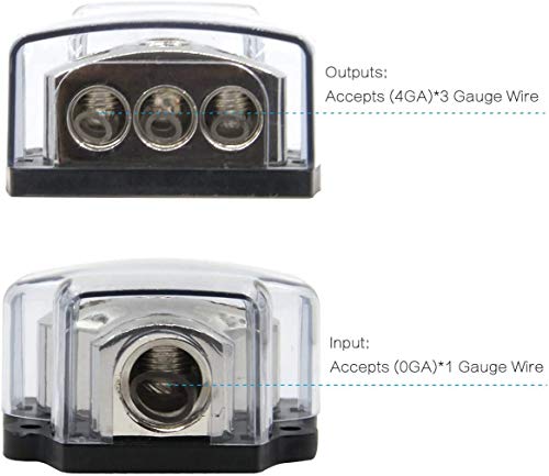 Rkurck 3 Way Power Distribution Block, 0/2/4 Awg Gauge In, 4/8/10 Gauge Out, Car Audio Stereo Amp Distribution Connecting Block For Audio Splitter (1X0Ga+3X4Ga) 2 Pack #TOP4