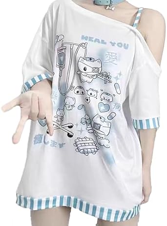 Y2k Kawaii Shirts for Women Cartoon Graphic Tees Off Shoulder Cutecore Shirts Harajuku Fashion Gothic Tops
