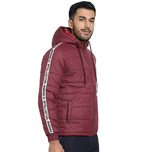 Image of Bewakoof Men's Typography Regular Fit Full Sleeve Hooded Poly Blend Puffer Jacket