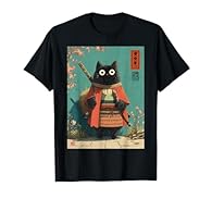 Vintage Japanese cat samurai anime graphic tee gift, black cat warrior, katana fighter, manga illustration, martial arts theme, ninja aesthetic novelty shirt for cat lovers, anime collectors, gamers Cute black samurai cat wearing traditional armor an...