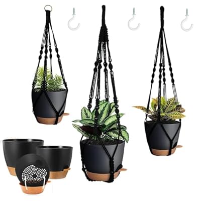 Bouqlife Macrame Plant Hangers with Pots Included Set of 3