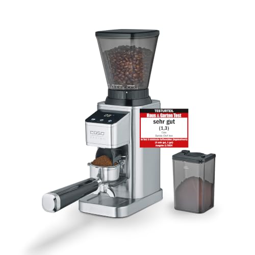 CASO BaristaChef Inox - elektrische Kaffeemühle Testurteil: Sehr Gut Edelstahl-Kegelmahlwerk mit Siebträgerhalterung 48 präzise Mahlgradstufen