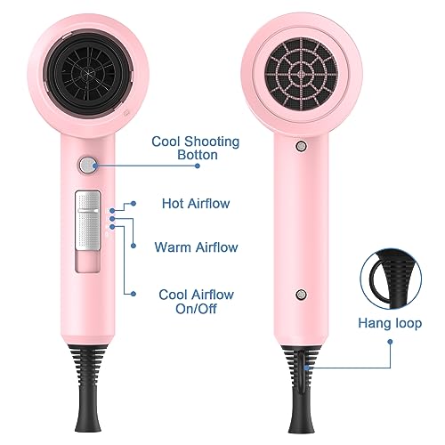 Image of slopehill Professional Ionic Hair Dryer, Powerful 1800W Fast Drying Low Noise Blow Dryer with 2 Concentrator Nozzle 1 Diffuser Attachments for Home Salon Travel (Pink)