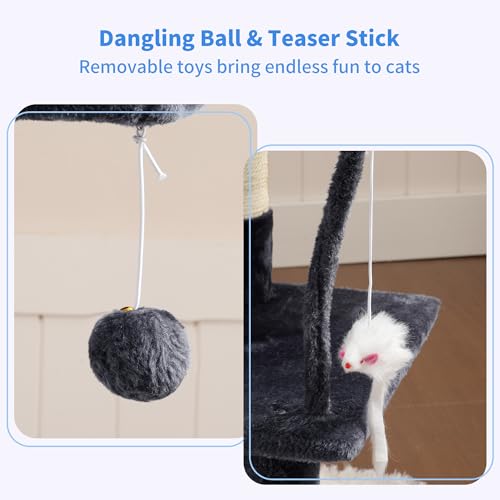 Image of Heybly Cat Tree with Toy, 43.3 inch Cat Tower for Indoor Cats HCT004SG | Cat Condo with Durable Sisal Scratching Posts, Cat House with Padded Plush Perch, Cozy Hammock, Smoky Gray