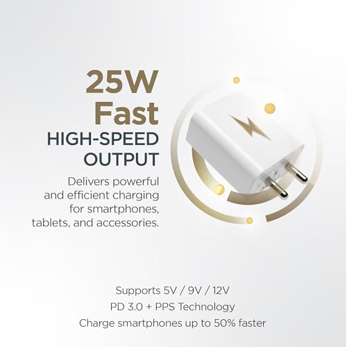 Image of Artifax 25W USB-C Super Fast Charger for Samsung Galaxy S25 /S24 /S23 /S22 /S21 FE /S20, M14 /M34 /M54 /M53 /M33, A34 /A54 5G, F15 | PD 3.0 Type-C Wall Adapter | BIS Certified | 1 Year Warranty | White