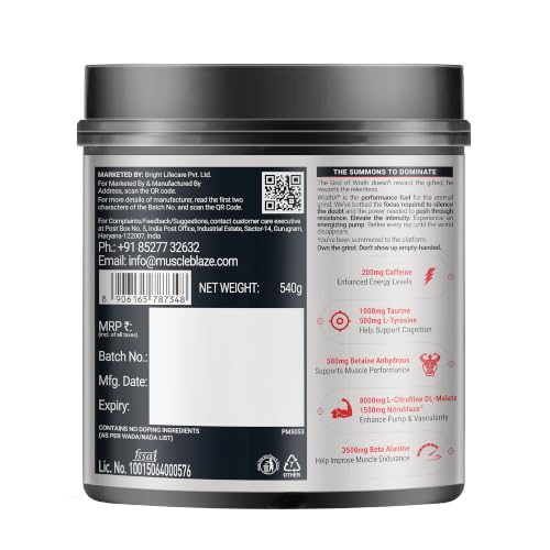 Image of MuscleBlaze Pre Workout WrathX Powder, Mango Mayhem, 540g | 30 Servings | Fully Loaded, Crash Free with Caffeine, Citrulline and Beta Alanine
