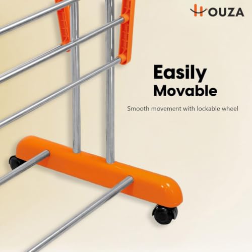 Image of HOUZA Stainless Steel Clothes Drying Stand | 3 Layer Foldable Cloth Dryer Stand with Wheels | 6 Foldable Wings - Orange