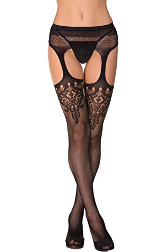 Image of Women's Floral Fishnet Stockings with Attached Garter Belt