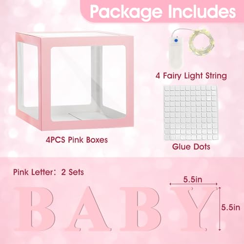 Image of Ledido Baby Boxes with Letters for Baby Shower Decorations, 4 pcs Clear Balloon Boxes Blocks Decor with LED Fairy String Lights for Boy Girl Gender Reveal Decorations Backdrop Party (Pink)