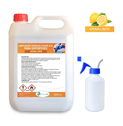 Desinfectante para Superficies en base a alcohol. AROMA LIMÓN | 5 LITROS | Uso profesional | Incluye pulverizador para rellenar.