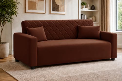 Image of Rosebell 3 Seater Wooden Sofa for Living Room, Modern Fabric Upholstered Sofa with Quilted Backrest, Cushioned Seating, Padded Armrests & Sturdy Wooden Frame - Brown