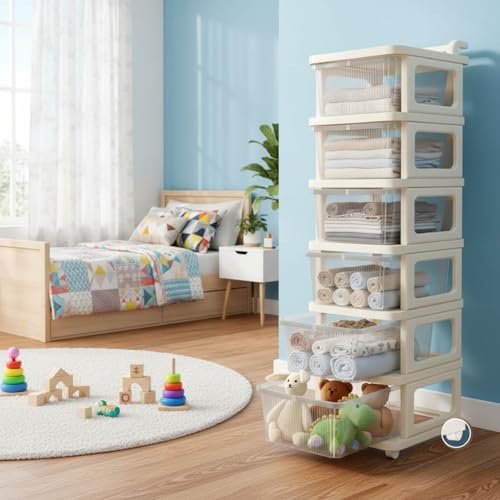 Image of Aliensware 6Layer Plastic Storage Drawer Organizer with Wheels, Modular Cabinet for Home, Office, School, Hospital, Parlor, Morden Kitchen,Clothes, Toys Organiser for Kids Room-Aliens-Clear Ivory