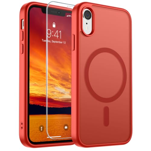 Image of SUPFINE Magnetic for iPhone XR Phone Case Red | With Screen Protector, Translucent Matte, Compatible with MagSafe, Military Grade Drop Proof, Rugged Shockproof Protective