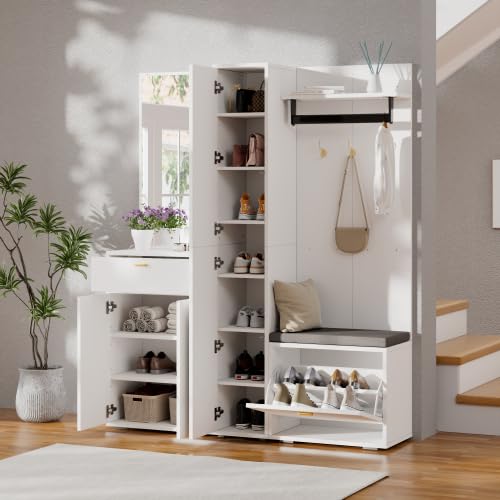 Garderobenset mit Spiegel, Kleiderstange & Sitzbank, Kompaktgarderobe mit 3 Türen, Kippfach-Schuhregal & Schublade, Weiß, 150x36x180 cm für Diele, Flur, Eingangsbereich