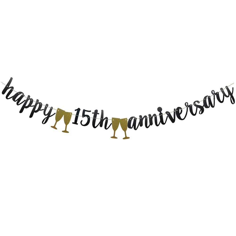 Happy 15TH Anniversary Banner,Pre-Strung, Black Paper Glitter Party Decorations for 15TH Wedding Anniversary Party Supplies Letters Black ZHAOFEIHN