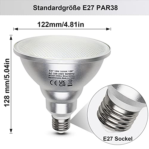 Unikcst 2er 18W LED Lampen E27 Par38 Warmweiß 3000K Reflektor Leuchtmittel Flood Strahler, Ersetzt Halogenlampe 180W, 120 Grad Abstrahlwinkel,Nicht Dimmbar