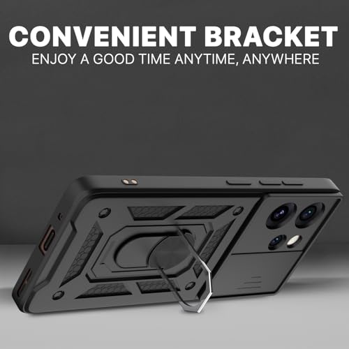 Image of Pikkme Back Cover for Oppo Reno 15 Pro Mini 5G | 360 Protection Case | Sliding Camera Shield Cover & Ring Holder Stand D10 Tough Armor Bumper Case (Black)