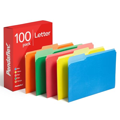 Pendaflex Colored File Folders, 100 Pack, Letter Size (8.5" x 11"), 3 Tabs, Durable Paper, 5 Colors: Blue, Green, Red, Yellow, Orange, Color-Coding for School, Office & Home Document Organization