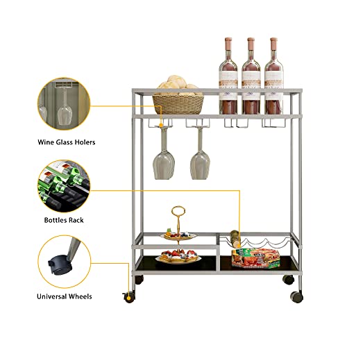 Ryr 2 Tier Bar Cart Silver,Kitchen Serving Cart For Home With Wheels,Wine Cart With 2 Mirrored Shelves,Wine Holders,Glass Holder,Storage Shelves For Kitchen,Living Room,Dining Room #TOP6