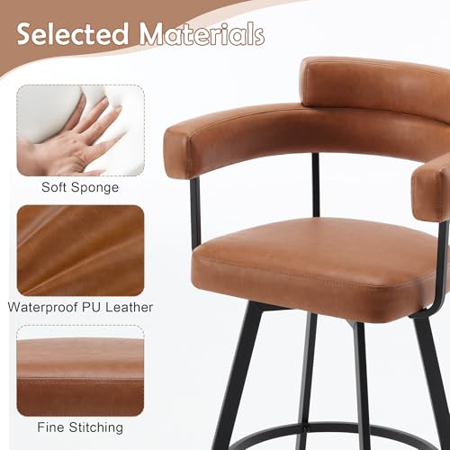 Butacos giratorios de estilo mid-century modern, altura de barra (26 pulgadas), cuero sintético marrón, respaldo abierto envolvente, patas metálicas, pedal anular, para isla de cocina y bar en casa — Set de 2 miniatura 3