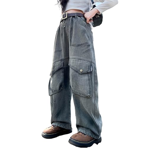 Kids Girls Jeans Distressed Star Applique Elastic Waist Baggy Wide Leg Denim Pants Y2k Streetwear Pockets Trousers