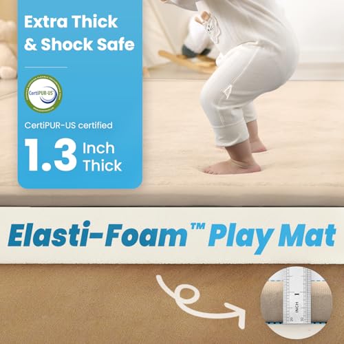 Image of 1.3 inch Thick Baby Floor Play Mat, 59x79 Padded Foam Tummy Time Crawling Mat, Non-Slip Water-Repellent Soft Plush Nursey Area Rug for Playroom Bedroom Living Room (Beige)