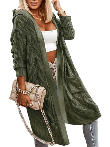 WIFFGO Winter Fall Cardigan Sweaters for Women Fashion 2025 Open Front Hooded Cable Oversized Long Trendy Warm Coats Outfits Army Green
