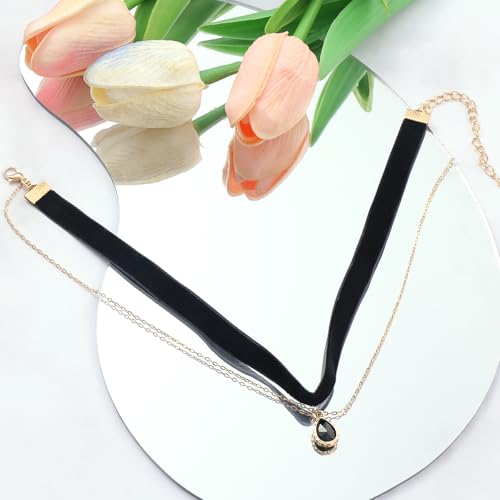 Telooco Samt Trachtenkette Damen Schwarz Choker Halskette Mit Anhänger Verstellbare Kropfband 90er Jahre Gothic Halsband Geschichtetes Halskette für Braut Vampir Trachtenschmuck