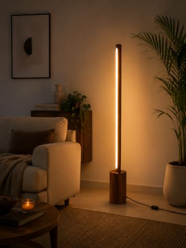 Image of Modern LED Floor Lamp with Wooden Base, 45 Inch Slim Ambient Standing Lamp, Warm Light Decorative Floor Light for Living Room, Bedroom, Corner